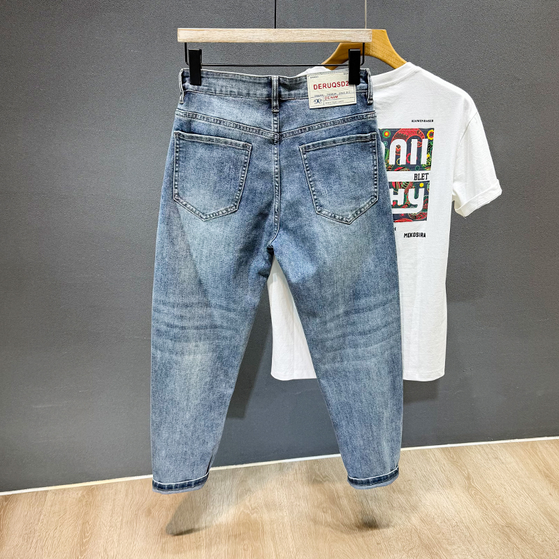 Light Blue Comfortable Stretchy Simple Tapered Cropped Jeans for Men, Stylish Short-Leg Skinny Pants for Short and Muscular Individuals