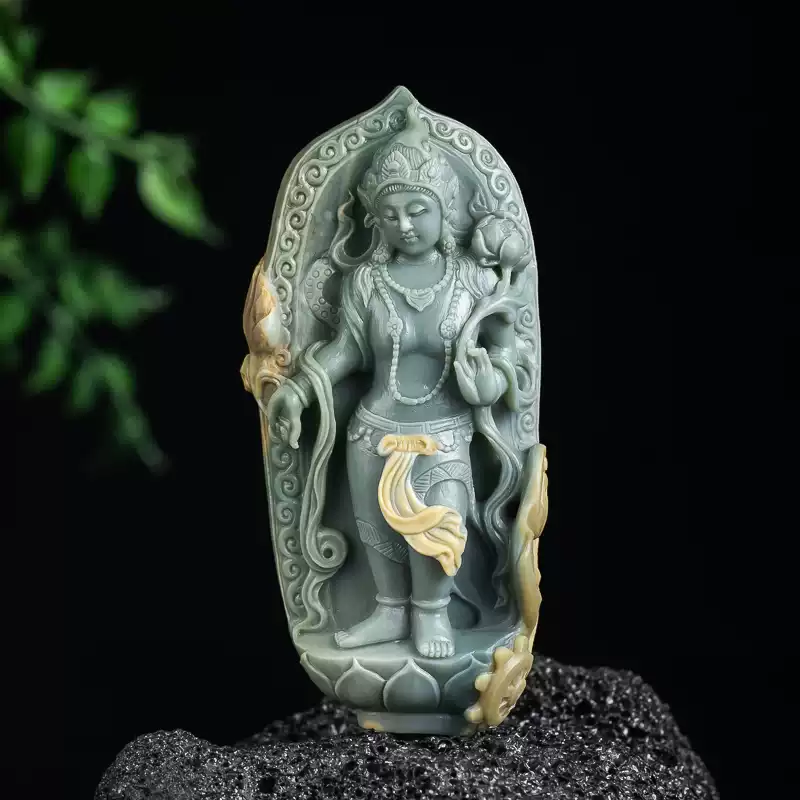 精品天然阿拉善玛瑙彩玉俏色巧雕精工雕刻度母吊坠