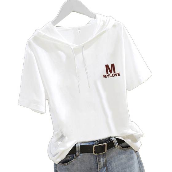 
White hooded short-sleeved sweatshirt T-shirt for women 2025 new summer design letter printed T-shirt top ins