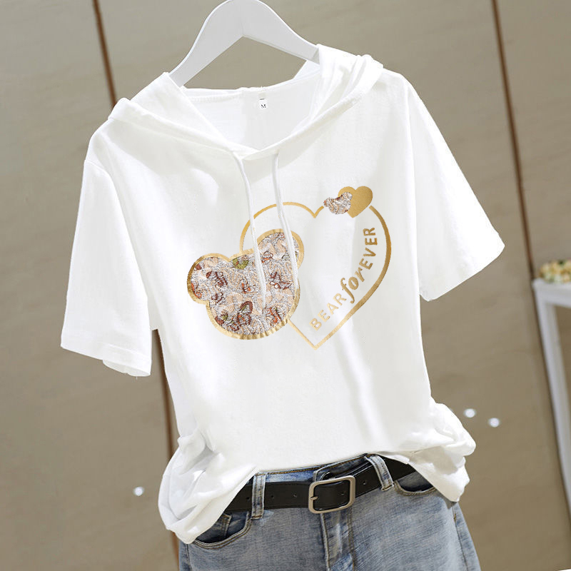 2026 New Summer White Hooded Sweatshirt Short-Sleeved T-Shirt for Women, Loose Design, Niche Korean Style Sweet Top 2026 New Summer White Hooded Sweatshirt Short-Sleeved T-Shirt for Women, Loose Design, Niche Korean Style Sweet Top