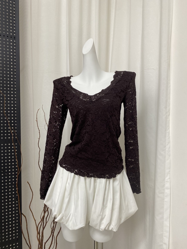 Foreign Trade Surplus Goods, V-Neck Lace Jacquard Semi-Sheer Base Shirt with Lace Trim, Slim Fit Long Sleeve 54-10