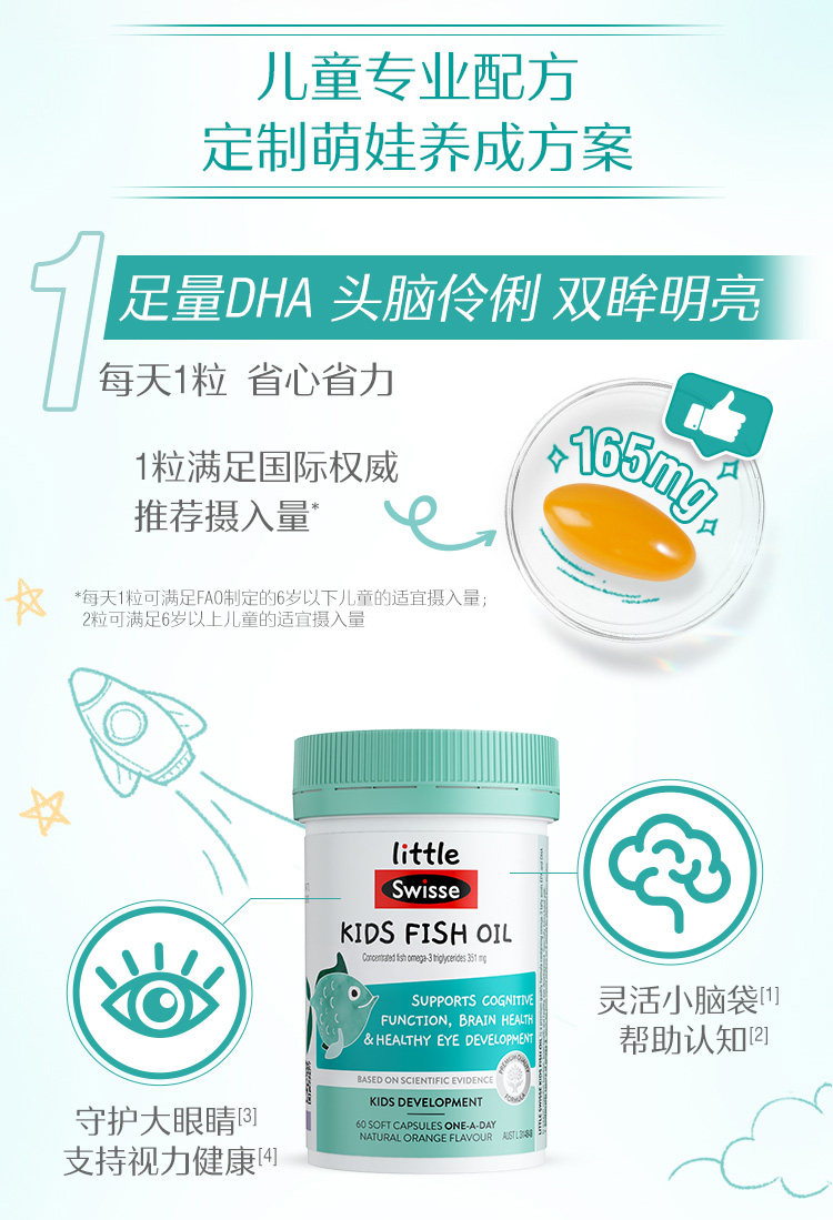 Swisse 儿童益智鱼油胶囊 60粒*2瓶 双重优惠折后￥138包邮包税 88VIP会员还可95折