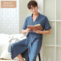 Mens summer thin modal Ice Silk short sleeve one-piece bathrobe plus size Japanese home wear pajamas