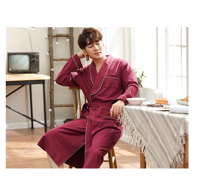 Bộ đồ ngủ mùa xuân và mùa thu nam mỏng phần cotton dài tay XL kiểu Nhật Bản áo liền thân màu cotton giản dị phục vụ nhà mùa hè - Night Robe đồ ngủ sexy mới nhất 2021