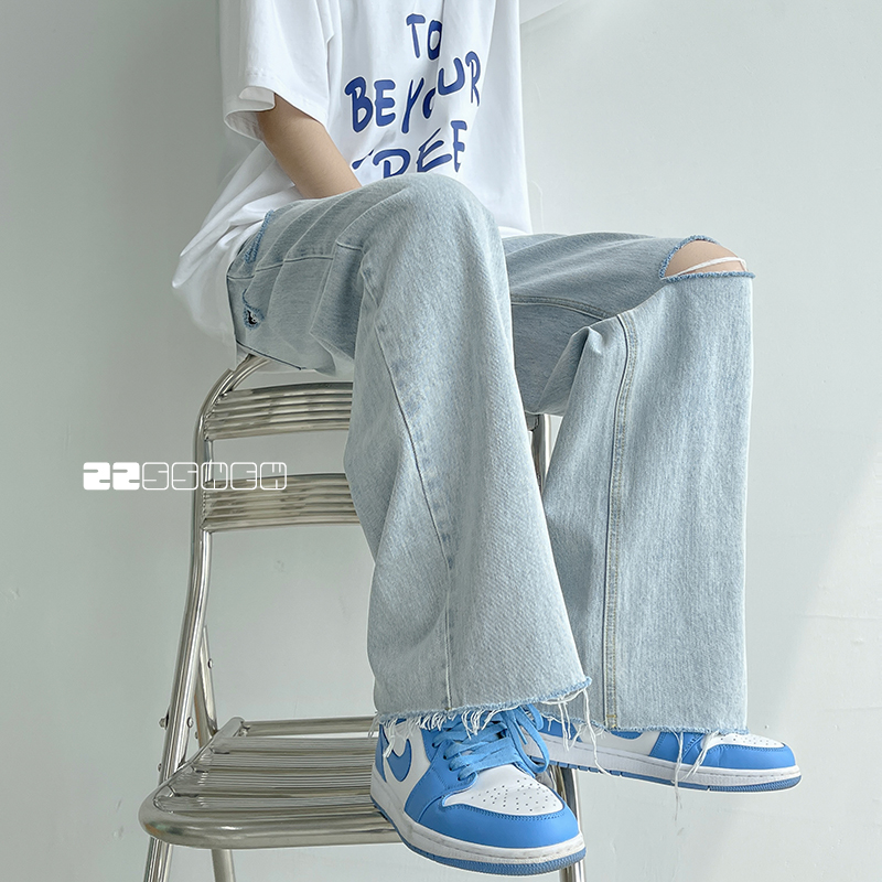 Light-coloured broken hole wool side jeans Men's loose straight drum Summer slim Tide Cards Broadlegged Pants Casual 100 lap long pants