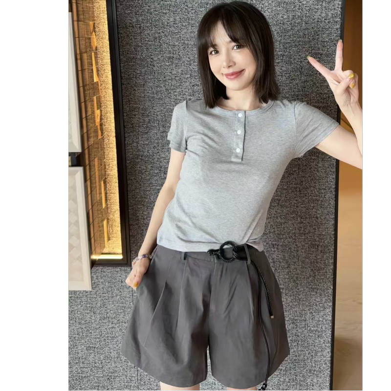 Zhou Mingxing -【Simplicity Time】Lyocell Wool Korean-Style Button-Down Henley Collar T-Shirt Kh5775 Zhou Mingxing -【Simplicity Time】Lyocell Wool Korean-Style Button-Down Henley Collar T-Shirt Kh5775
