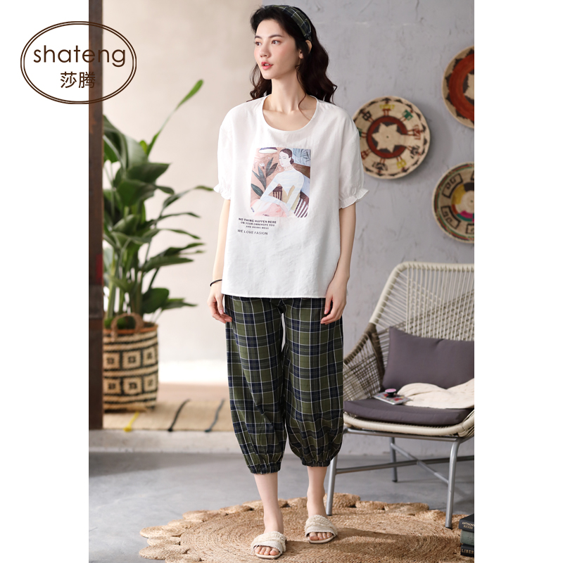 Bộ đồ ngủ womens bông mùa hè loose-fitting quần ngắn tay bảy điểm tươi sinh viên mỏng có thể mặc bộ quần áo quần áo nhà bên ngoài.