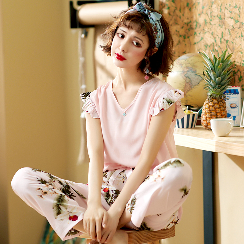 Ms. Pajamas summer cotton cotton silk household clothing summer spring and autumn thin silk suit two pieces