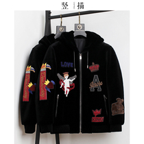 Trend BOY fan ~ autumn and winter cashmere jacket mens hooded embroidery Haining fur jacket fur leather clothing