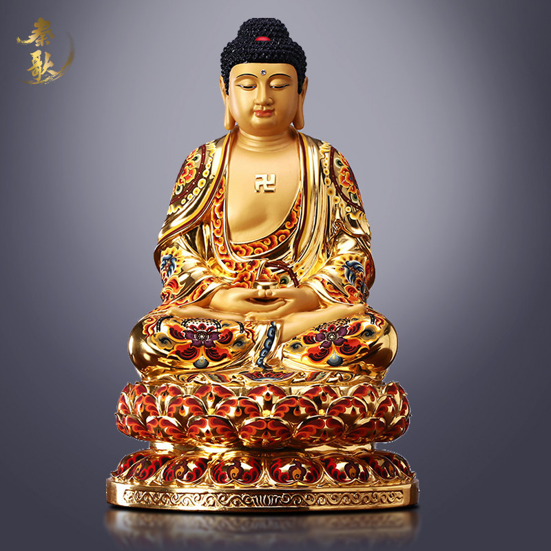 Qin Song bronze sculpture with gold color painting Sakyamuni Buddha bronze statue like three treasures such as coming to Buddha to worship the Three Holy Pendulum Pieces of Bath