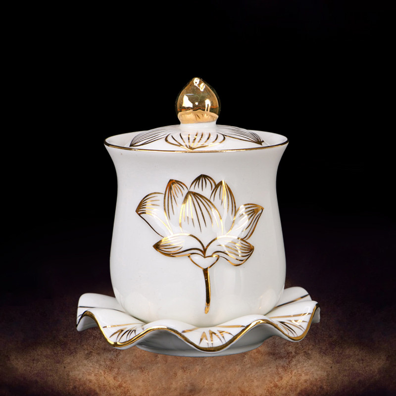 Qin Ge Ceramics Bracing Gold Lotus Holy Water Cup for Buddha Cup Home Guanyin Great Compassion Water Cup for Buddha