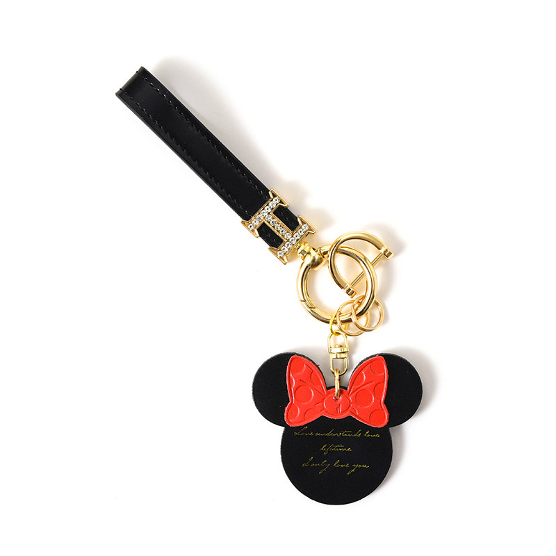 Net red leather Mickey scalp rope car key chain creative inlaid with young girl Heart high-end keychain ring pendant woman