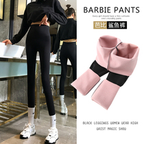 Shark skin leggings womens spring and autumn thin style plus velvet wear high waist belly tight yoga Barbie pressure thin leg pants