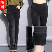 Black high waisted velvet leggings womens outer wear thickened 2021 Winter new extended imitation denim leggings cotton pants