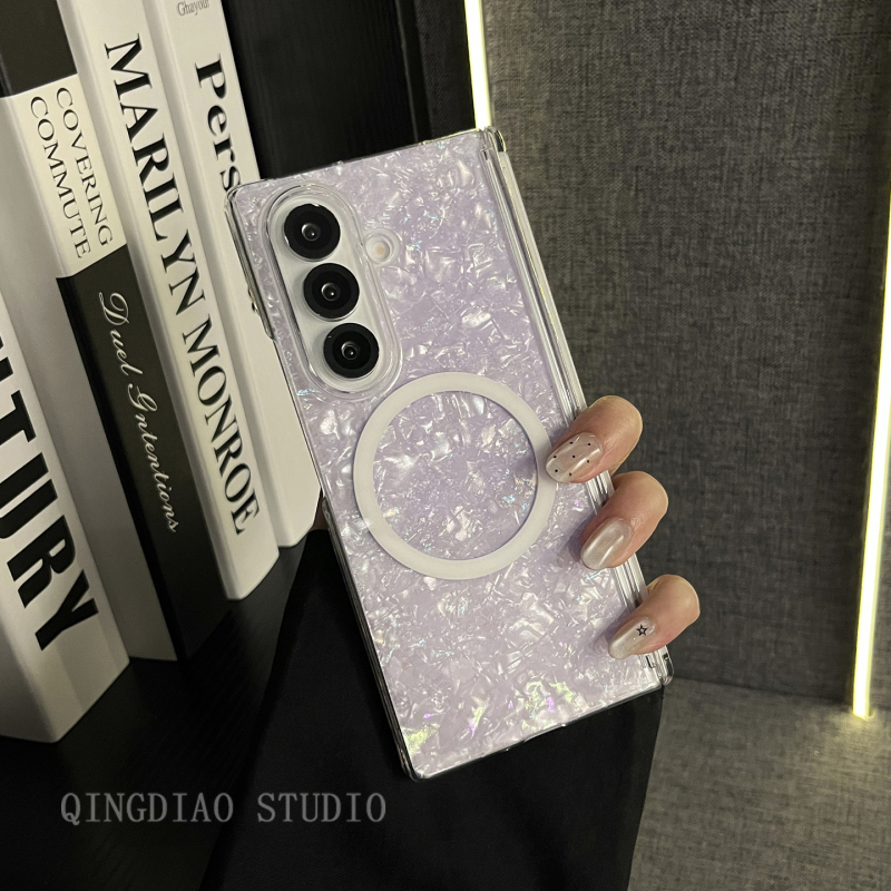 Lightly Styled Korean-Style Purple Shell Pattern Magnetic Ring Suitable for Samsung Z Fold 7/6/5/4/Galaxy Z W25/24/23 Phone Case, New Folding Screen Flip Cover Anti-Drop Protective Case
