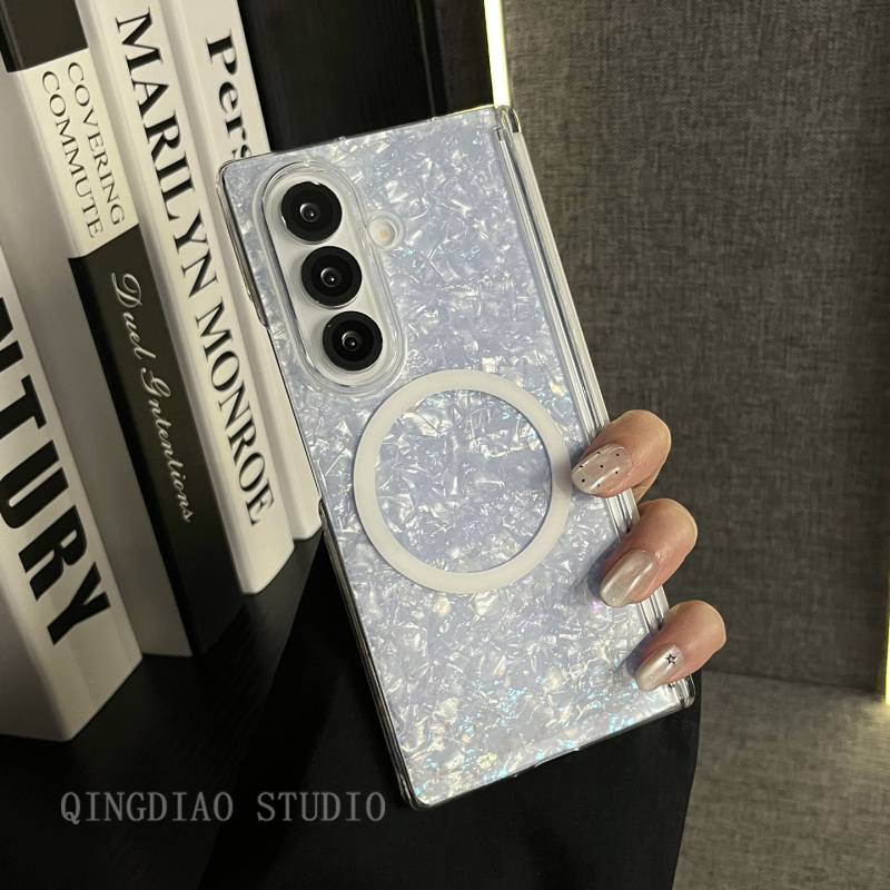Lightly Designed Summer Refreshing Translucent Blue Shell Pattern Magnetic Ring Suitable for Samsung Z Fold 7/6/5/4/Galaxy Z W25/24/23 Phone Case, New Folding Screen Flip Cover Anti-Drop Protective Case