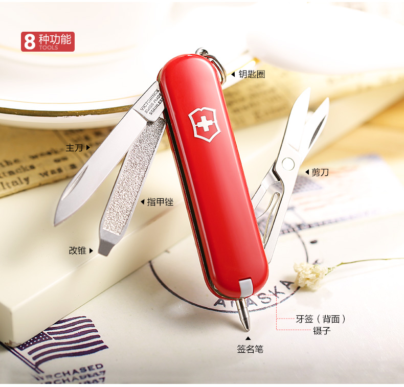 Dao chính hãng Victorinox Swiss Army 58MM Chữ ký / 0,6225.T2 Con dao nhỏ màu xanh trong suốt màu đỏ dao gấp đa chức năng