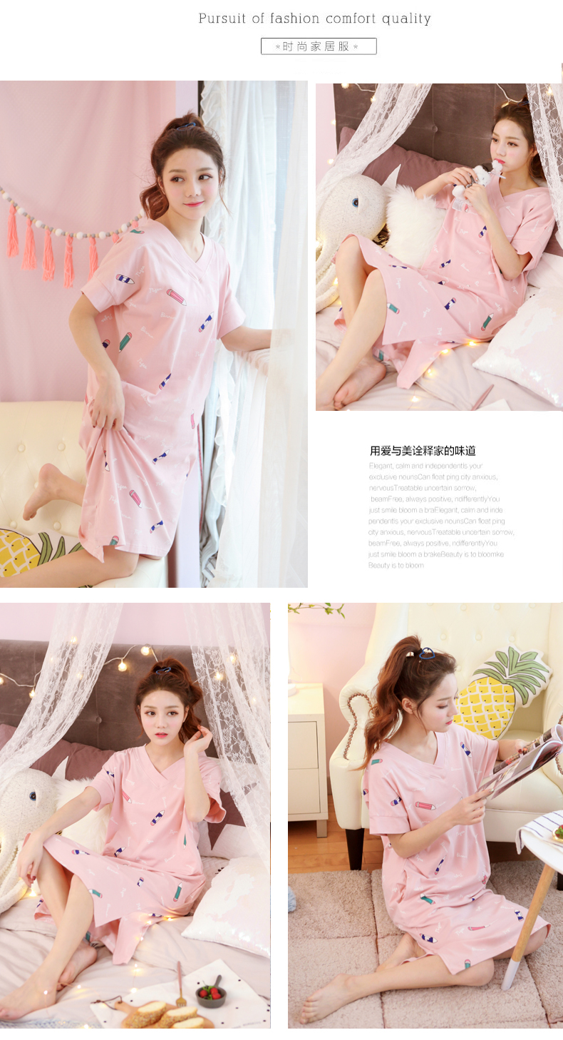 Cotton ngắn tay ngực pad nightdress nữ mùa hè miễn phí áo ngực phần mỏng cotton lỏng đồ ngủ nhà ăn mặc có thể được đeo