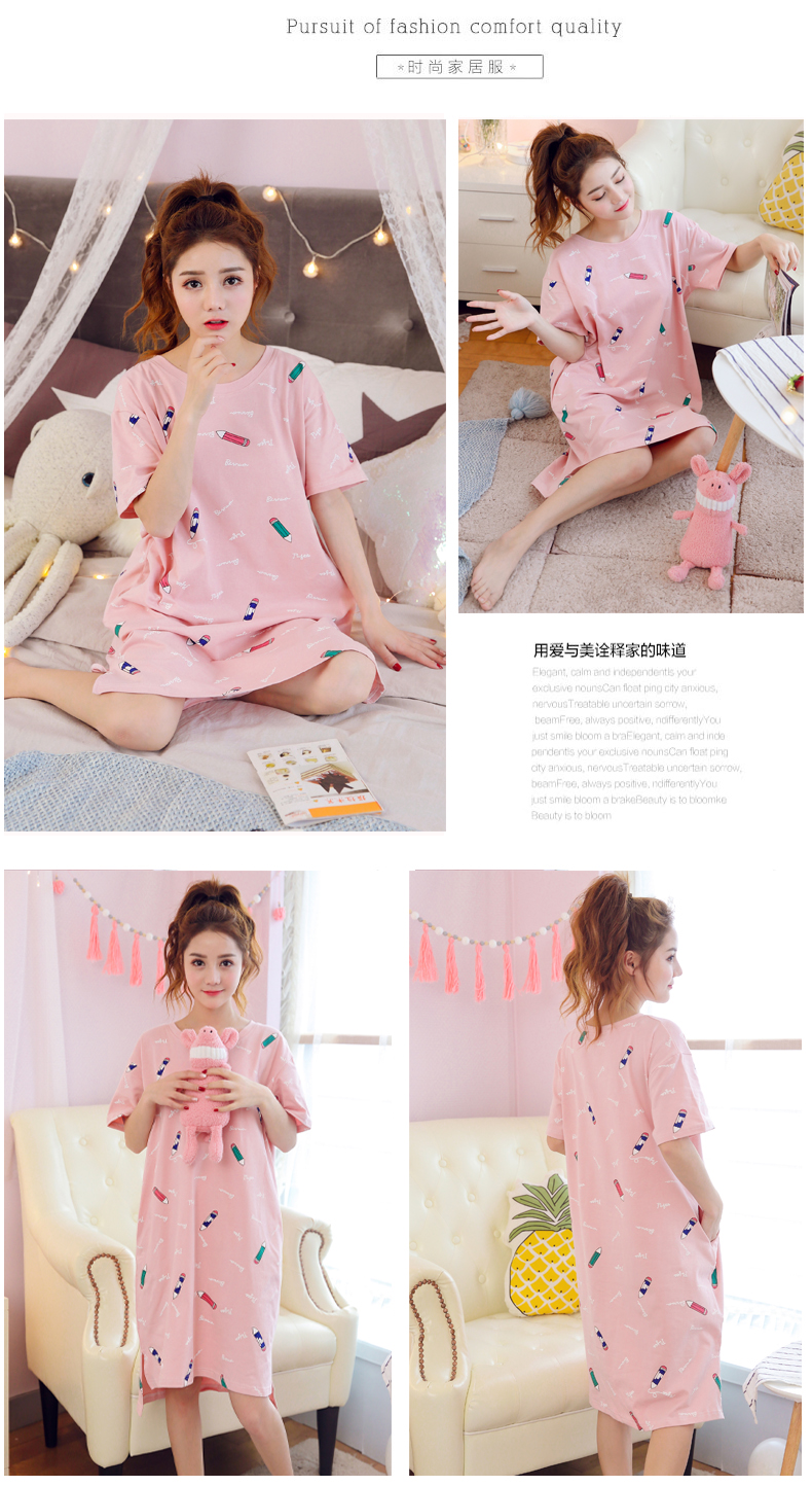 Cotton ngắn tay ngực pad nightdress nữ mùa hè miễn phí áo ngực phần mỏng cotton lỏng đồ ngủ nhà ăn mặc có thể được đeo