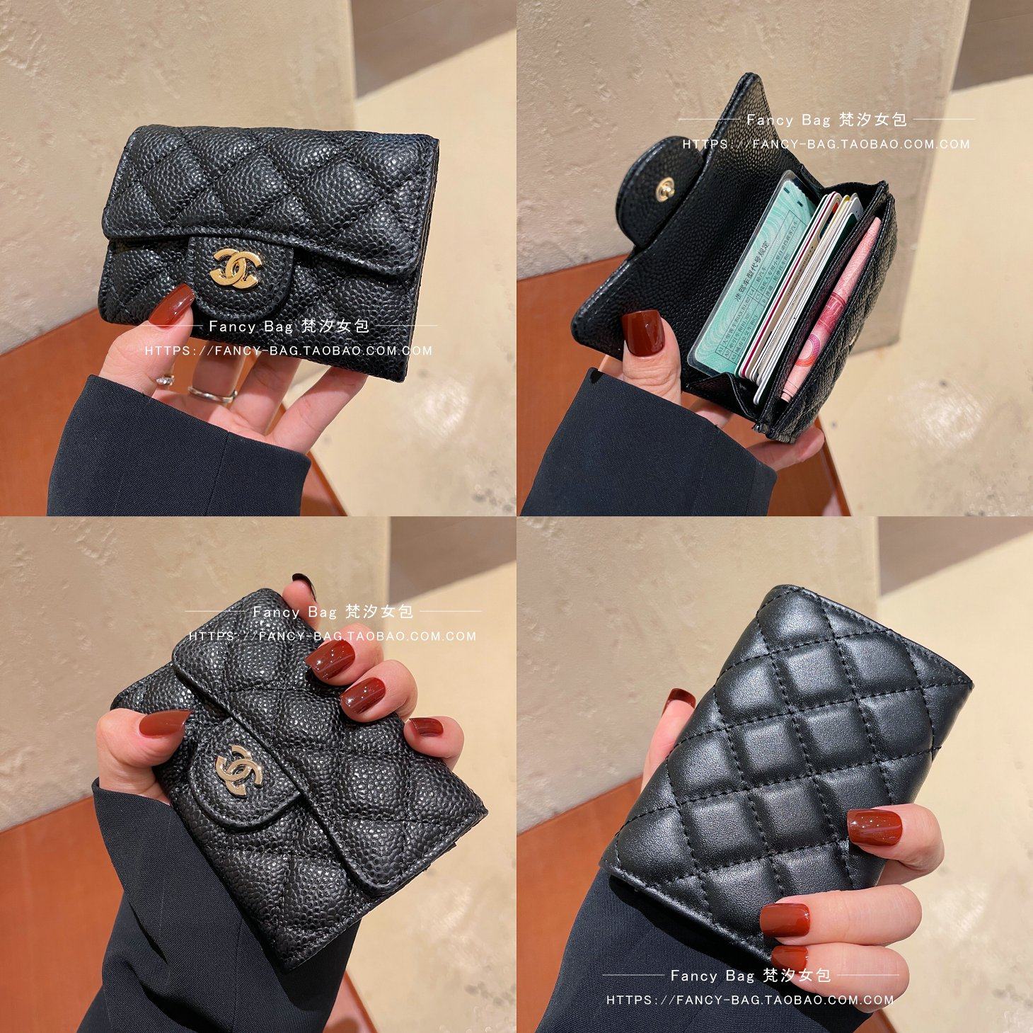 Leather card holder women's exquisite high-end caviar diamond card holder leather buckle multi-function coin purse wallet short
