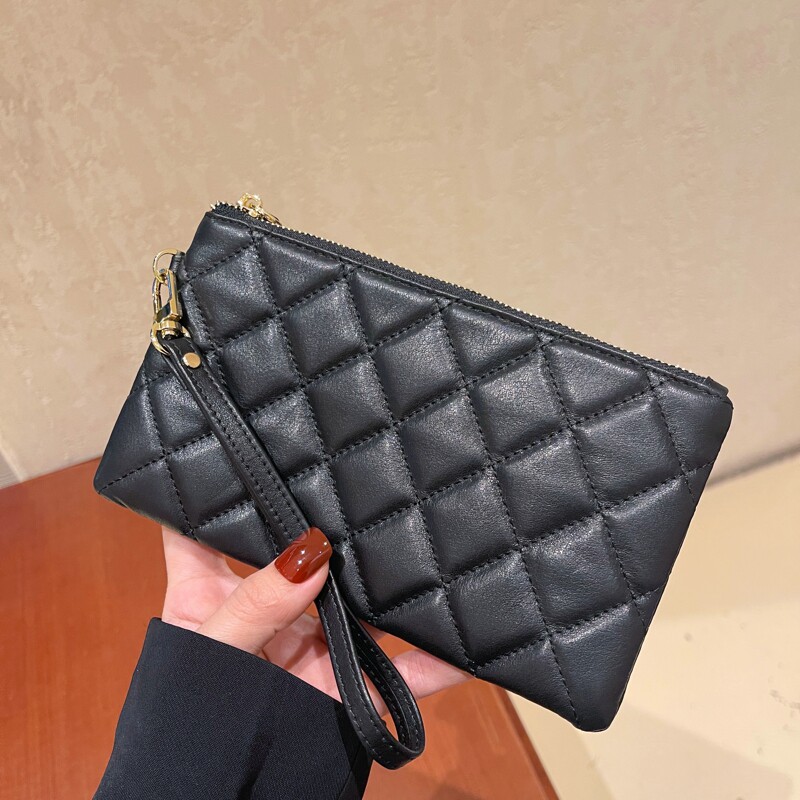 Leather cosmetic bag women's large-capacity first layer cowhide zipper mobile phone bag handbag rhombus small square bag storage coin purse