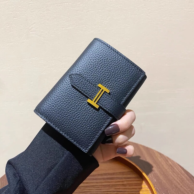 Genuine Leather H Buckle Lychee Pattern Wallet for Women, Short Coin Purse with Drawstring, 70% off Wallet Multifunctional Coin and Card Holder All-In-One Bag