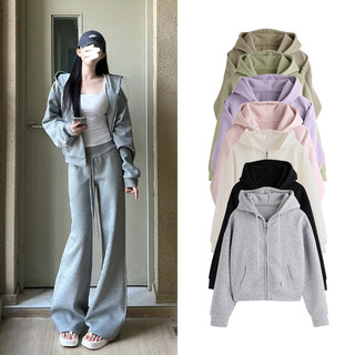 Gray Hooded Cardigan Sweatshirt for Women 2026 New Spring and Autumn Loose Short Jacket Casual Wide-Leg Pants Sports Suit