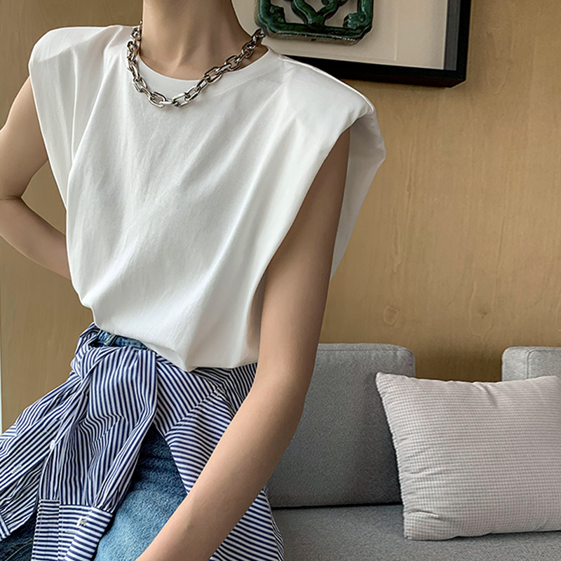Ice Silk Short-Sleeved Pure Cotton T-Shirt for Women, Summer 2024, Outerwear with a Unique Design, Niche Shoulder-Padded Sleeveless Tank Top, Base Shirt, Top