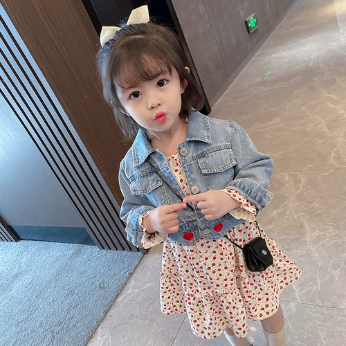 Джинсовая юбка для девочек, осенний комплект, платье, в цветочек, в корейском стиле, в западном стиле