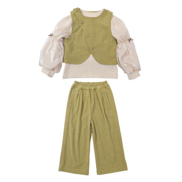 Girls' fashion oblique buckle corduroy three-piece suit 2023 spring and autumn new little girl Korean version vest wide-leg pants suit