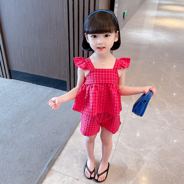 Summer sweet suspender plaid doll shirt sleeveless top loose and thin outerwear small flying sleeve short vest female tide