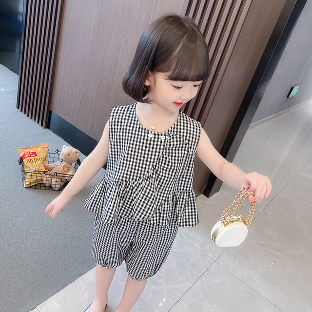 Girls' suit summer net red foreign style plaid thin section Korean version of floral fashionable children's fashion lace children's summer dress