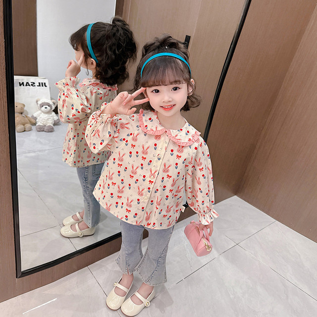 Girls doll collar shirt 23 spring and autumn new baby print tops children 1 cute rabbit shirt spring clothes