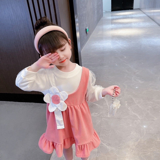 Girls' net yarn puff sleeve T-shirt suit college style spring and autumn small and medium-sized girls baby Korean version of the strap skirt two-piece set