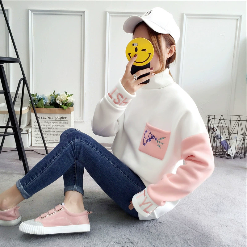 Mùa xuân và mùa đông Mùa đông Chữ thêu Phụ nữ Cộng với nhung Áo len dài tay Cổ cao Loose Colorblock Top Áo khoác nữ - Áo len