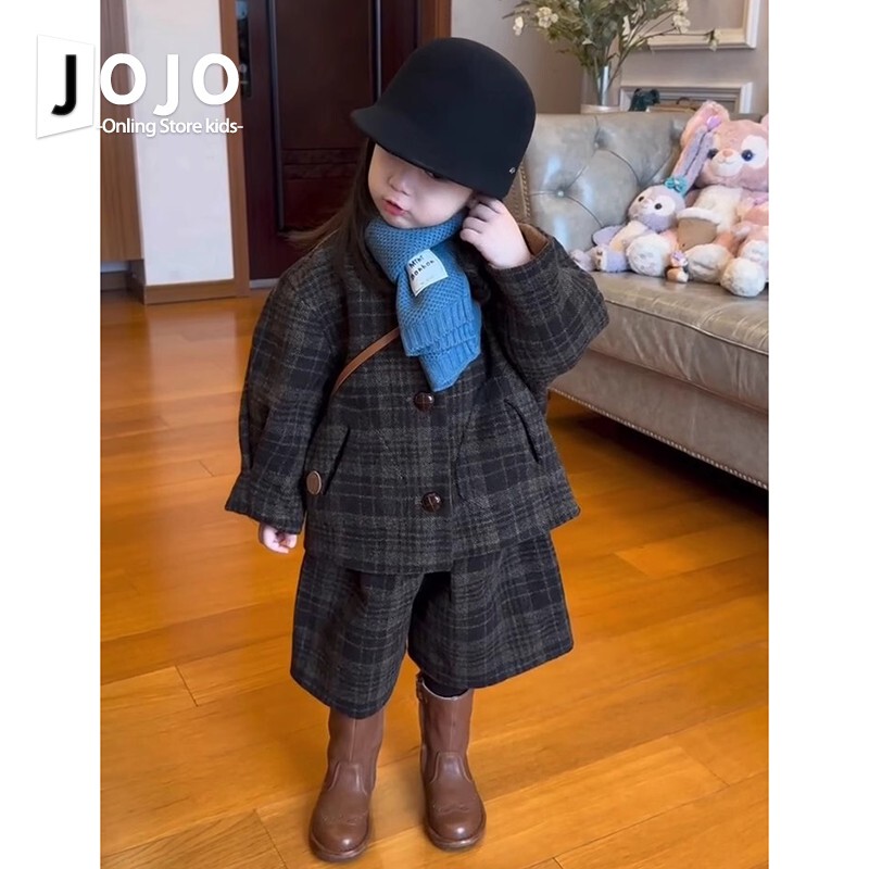 Korean Style Girls' Woolen Suit Autumn and Winter Clothing Boys' Plaid Coat Woolen Material Children's British Style Two-Piece Set