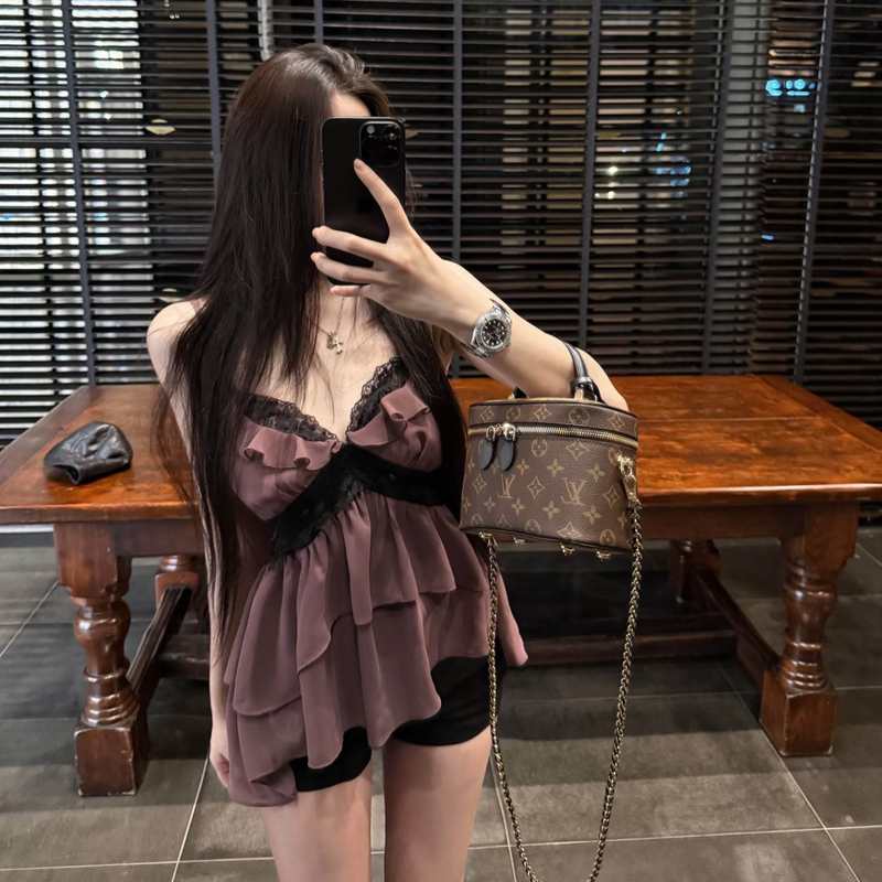 Pure Desire Sexy V Neck Lace Spliced Purple Camisole Women's 2025 Summer Ruffled Slim Chiffon Top