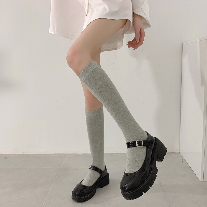 Wuuuus Gray Socks for Women, Summer Thin Pure Cotton Calf Socks, Jk Japanese School Style Solid Color Mid-Calf Socks, Half-Leg Socks