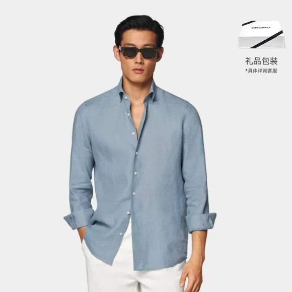 SUITSUPPLY中蓝色亚麻衬衫
