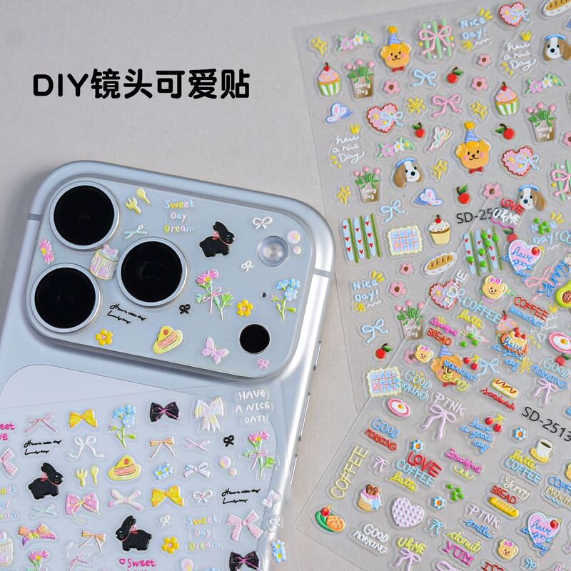 ins Cute Cartoon Phone Case Stickers 5D Embossed Phone Lens DIY Stickers Bluetooth Earphone Case Nail Stickers
