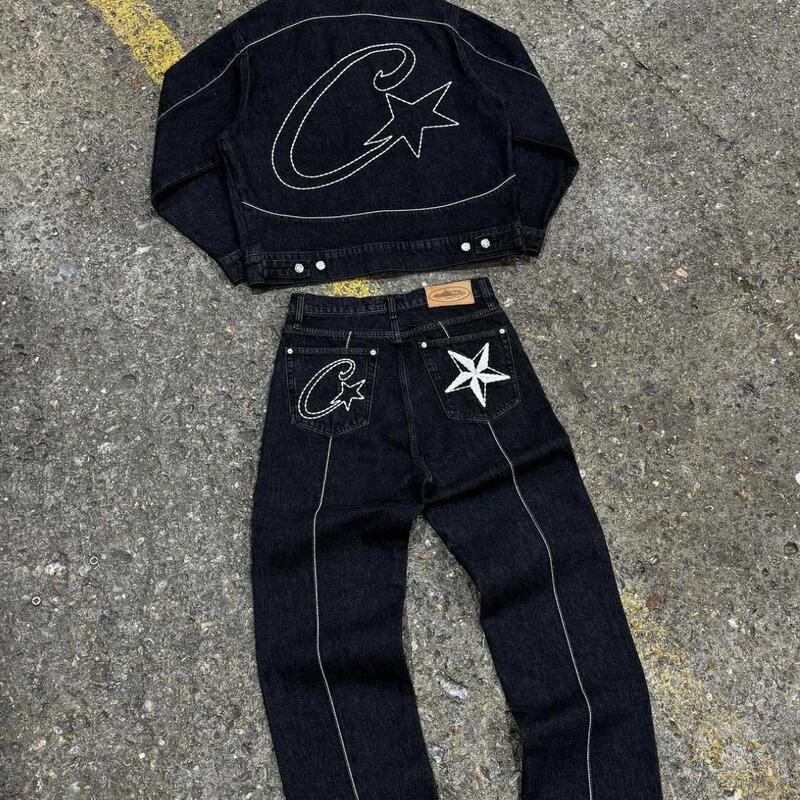 European and American Corteiz Alcatraz Denim Suit High Street Western Denim Jacket Loose Jeans Trendy Brand