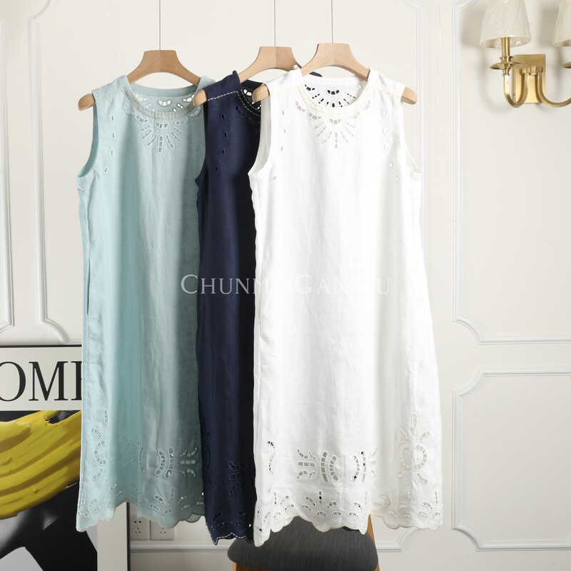 Directly Stunning and Trendy! Hollow-Out Embroidered Linen Round-Neck Tank Dress, 2026 Summer Age-Reducing and Slimming Sleeveless Dress Directly Stunning and Trendy! Hollow-Out Embroidered Linen Round-Neck Tank Dress, 2026 Summer Age-Reducing and Slimming Sleeveless Dress