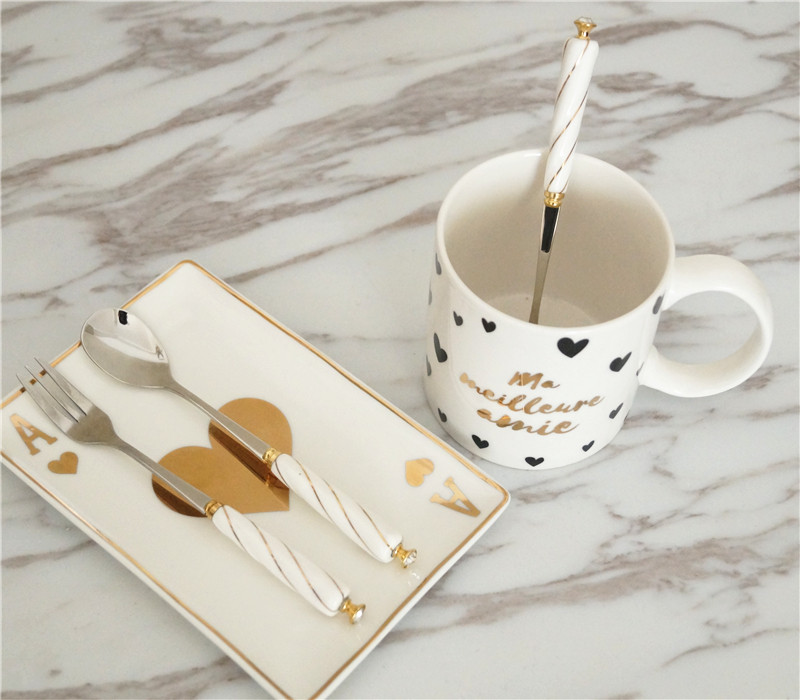 Dining table scenery ceramic threaded handle white gold-rimmed small teaspoon cake spoon girl heart rhinestone spoon