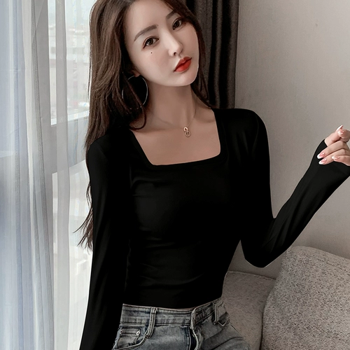 Лонгслив, брендовая осенняя приятная телу футболка, популярно в интернете, квадратный вырез, коллекция 2022, облегающий крой