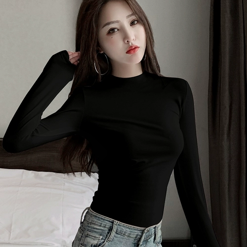 Весенний осенний черный цветной приятный телу приталенный демисезонный лонгслив, высокий воротник, в западном стиле