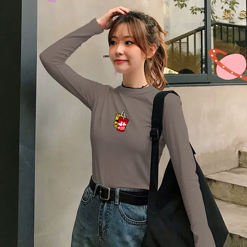 Лонгслив, хлопковая футболка, коллекция 2021, осенний, высокий воротник, в обтяжку, облегающий крой