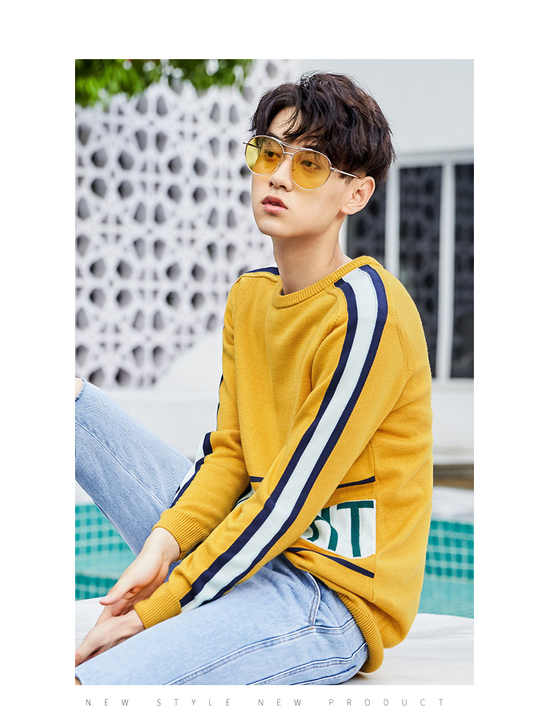 Quần áo Tiancheng 2019 xuân mới nam áo len dài tay cổ tròn hình học xu hướng màu tương phản thời trang nam mùa đông