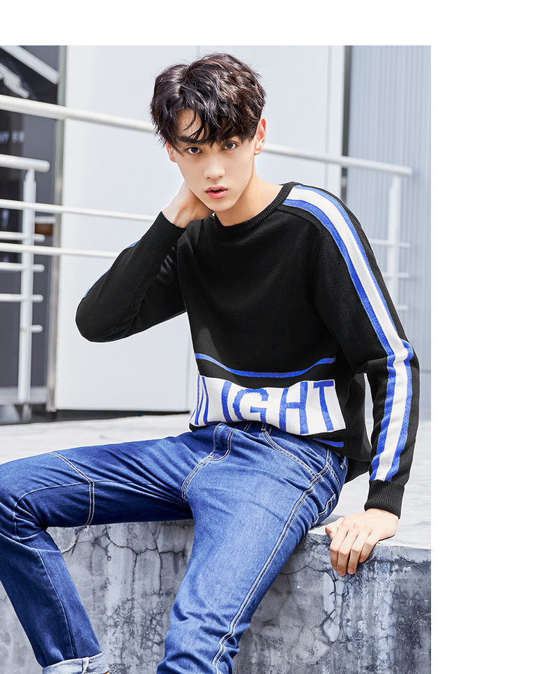 Quần áo Tiancheng 2019 xuân mới nam áo len dài tay cổ tròn hình học xu hướng màu tương phản thời trang nam mùa đông
