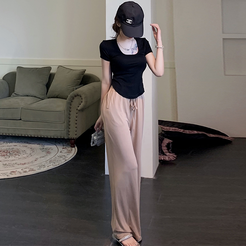 Summer Fashion Suit Women 2022 New Casual Conspicuously Slim Down Short Sleeve Sports Broadleg Tug Pants Two Sets Tide