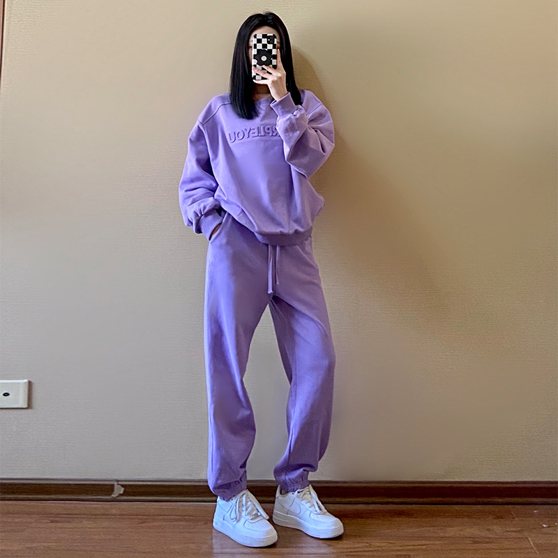 Trendy Purple Tracksuit Set for Women, Spring and Autumn Casual Fashion European Style Streetwear Hoodie and Jogger Pants Two-Piece Set, Stylish